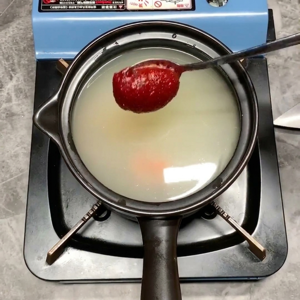 Una cucharada de pasta de chile roja y espesa bajando hacia la olla con el caldo.