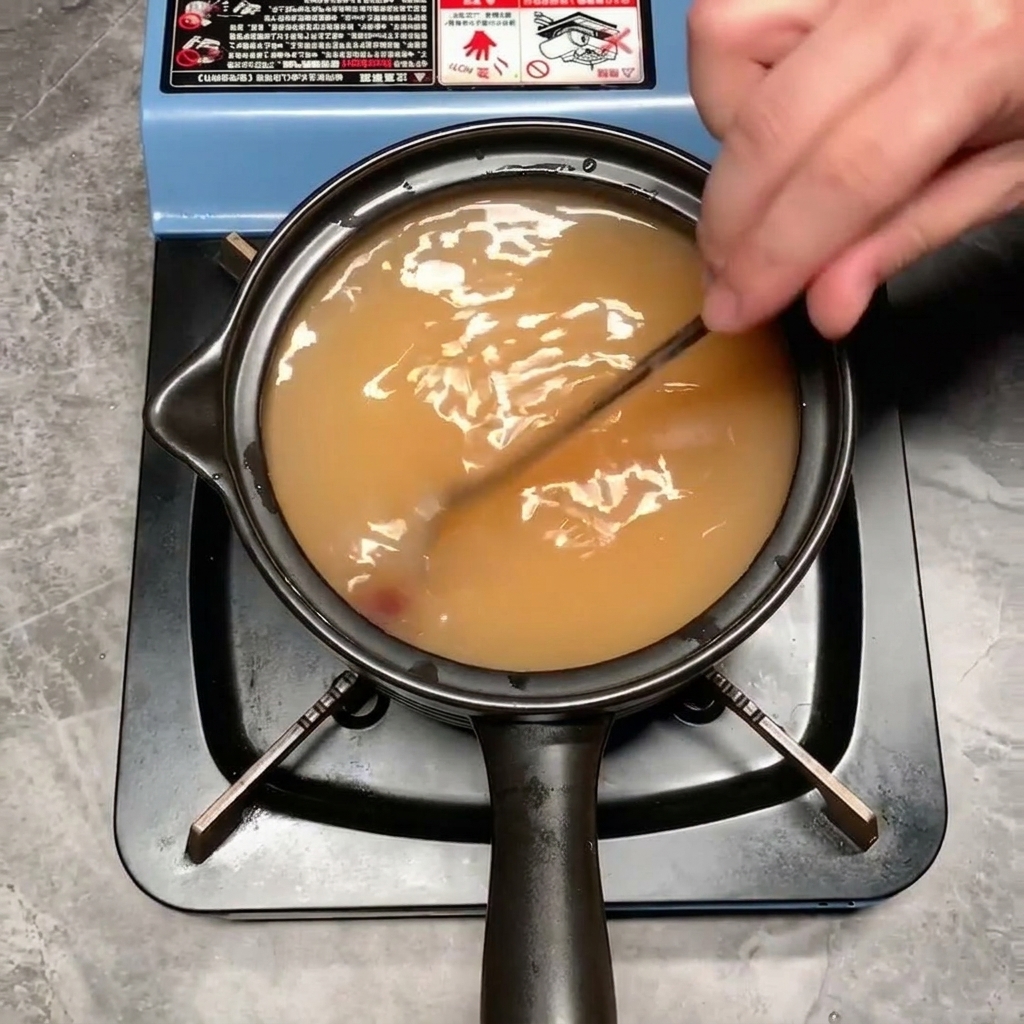 Una cuchara metálica removiendo el caldo, creando un líquido uniforme con tonos anaranjados.