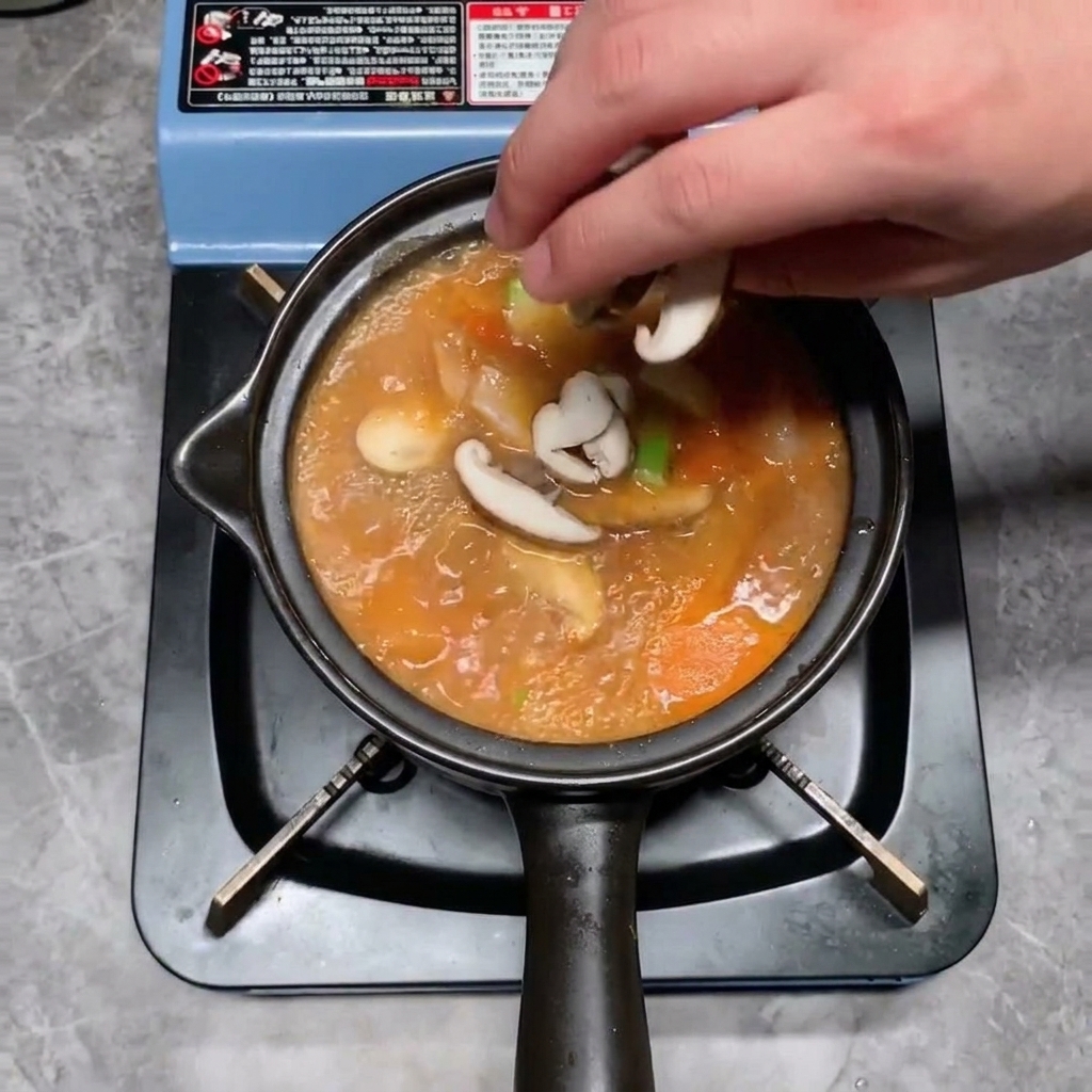 Cubos de tofu blanco colocados suavemente dentro del estofado burbujeante.