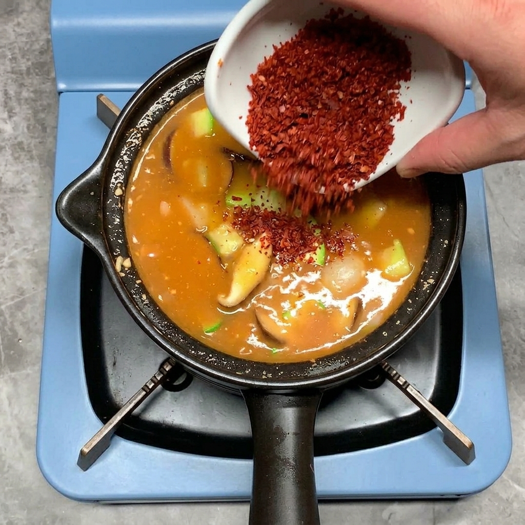 Una mano vertiendo chile rojo en polvo desde un cuenco pequeño dentro de la olla hirviendo.