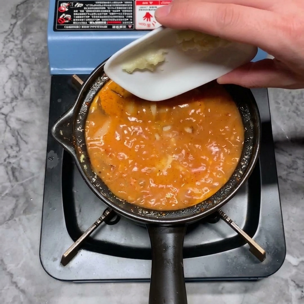 Una mano añadiendo una porción de ajo picado desde un plato pequeño al estofado caliente.