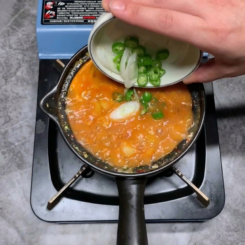 Cebollinos y chiles verdes recién cortados siendo vertidos en la olla hirviendo.