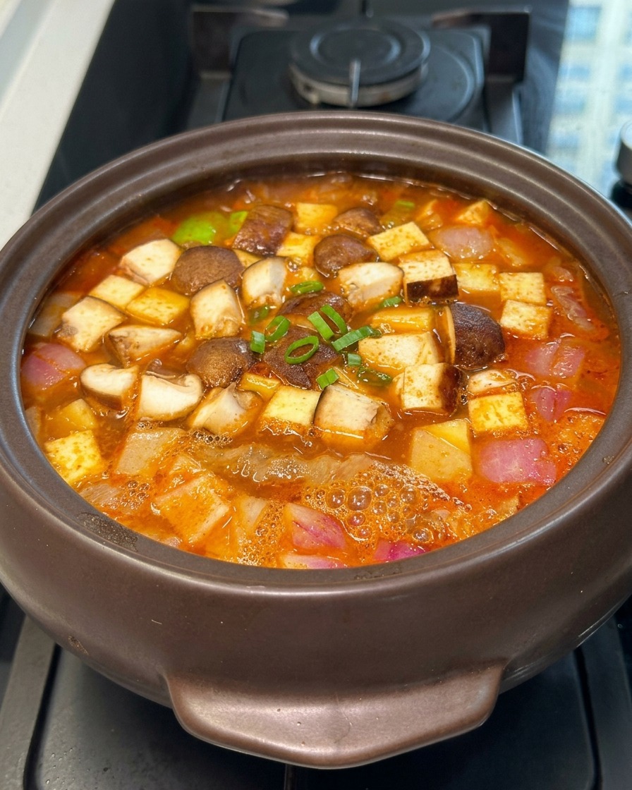 Una olla de piedra a fuego lento llena de caldo rojo picante, cubos de tofu, champiñones shiitake en cubitos y cebolla picada.