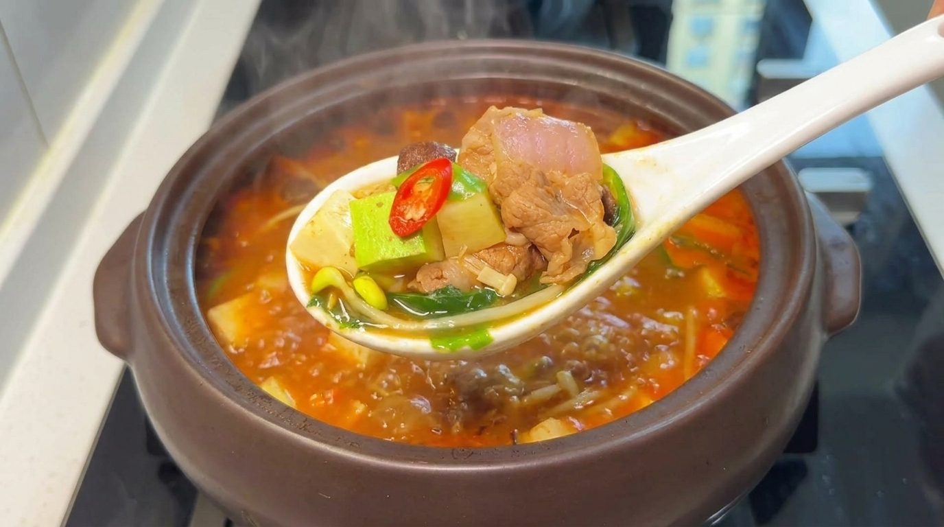 Una cucharada de este sustancioso Doenjang Jjigae: rico caldo de soja, carne tierna, tofu y verduras frescas.