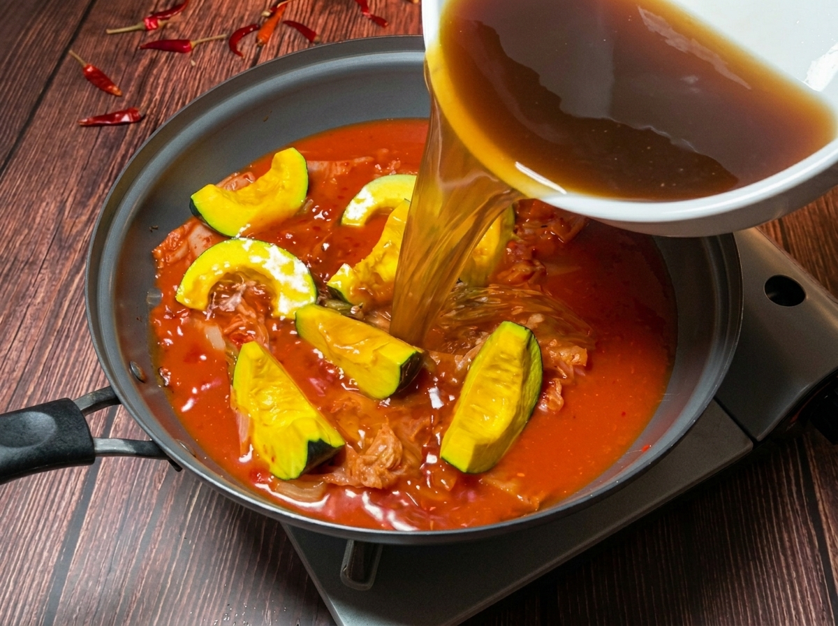 Caldo dorado vertiéndose en una olla con kimchi y trozos de calabaza kabocha amarilla.