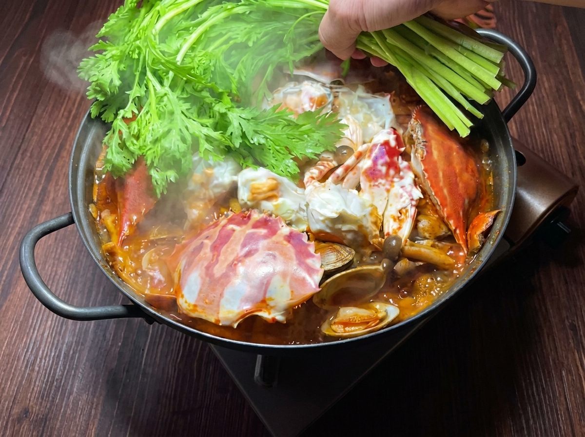 Hojas frescas de margarita coronaria y cebolla verde añadiéndose como adorno al estofado de cangrejo y kimchi terminado.