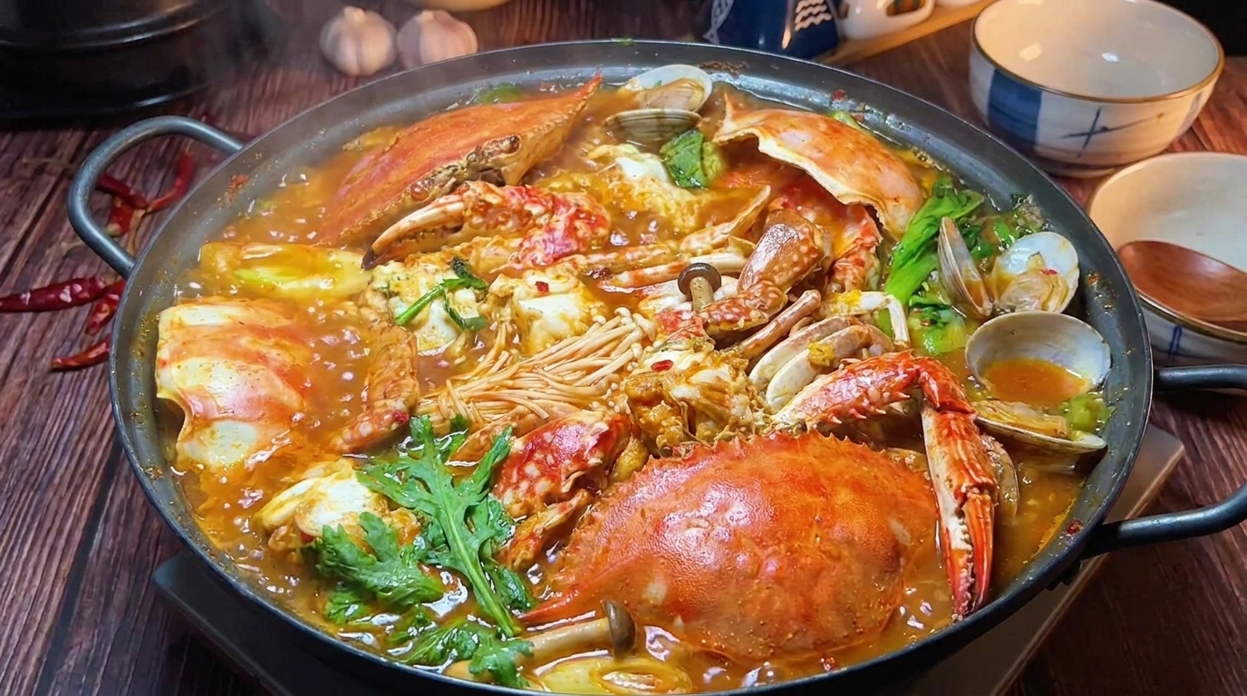 Una olla burbujeante de sopa coreana de cangrejo y kimchi con almejas frescas, setas y hojas de margarita coronaria vibrantes.