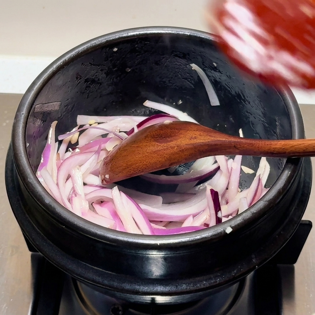 Una salsa roja oscura siendo añadida a cebollas sofritas en una olla de piedra negra, mezclándose con una cuchara de madera.