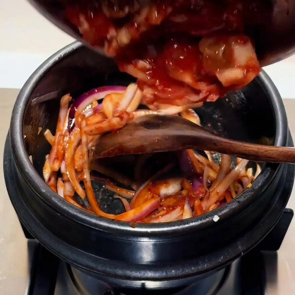 Kimchi picado siendo añadido a la olla con la base de cebolla sofrita y salsa.