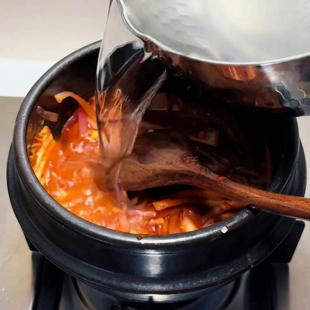 Agua caliente vertida desde una jarra de metal en una olla llena con una base de kimchi sofrito rojo vibrante.