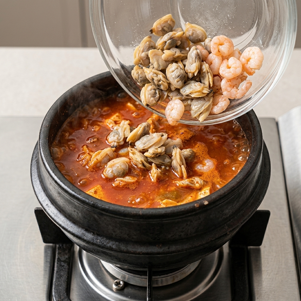 Camarones crudos y carne de almeja siendo vertidos desde un tazón de vidrio en una olla de guiso de kimchi rojo hirviendo.