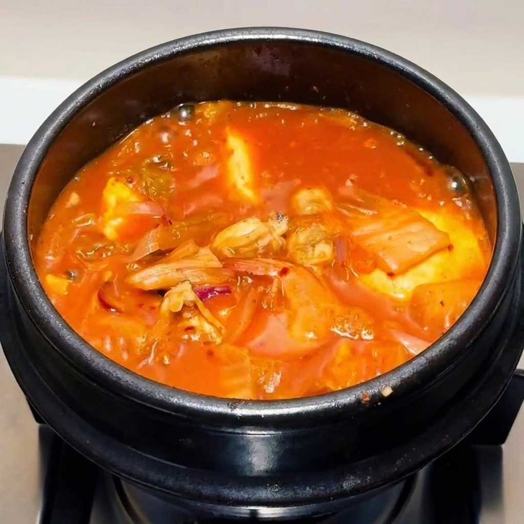 Guiso de kimchi burbujeante final decorado con un puñado de cebollino fresco picado.