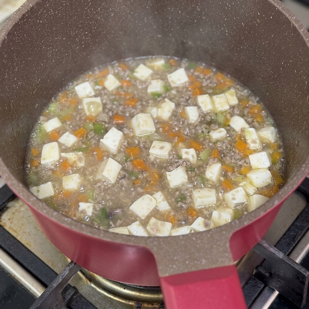 Mezcla de maicena siendo vertida en la sartén del guiso de ternera y tofu.