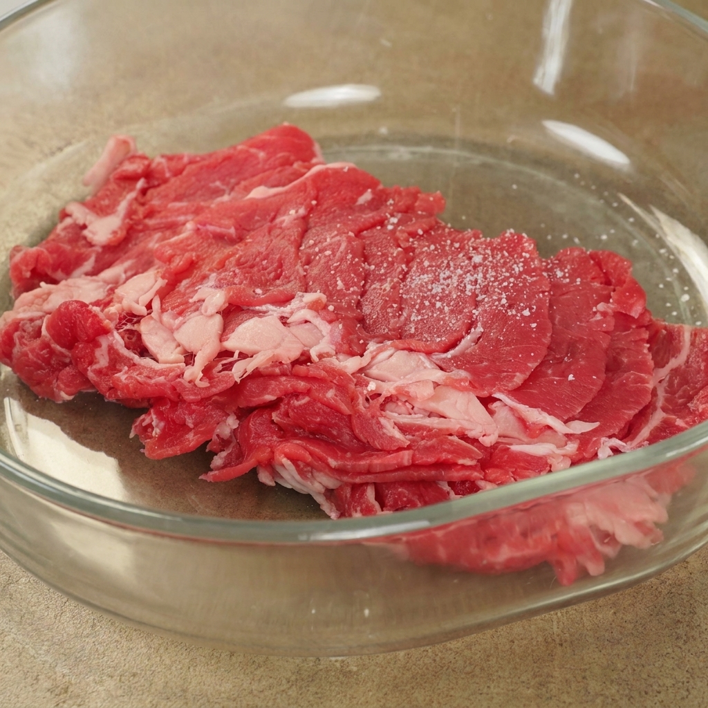 Filetes de ternera crudos en un bol de cristal espolvoreados con sal y otros condimentos.