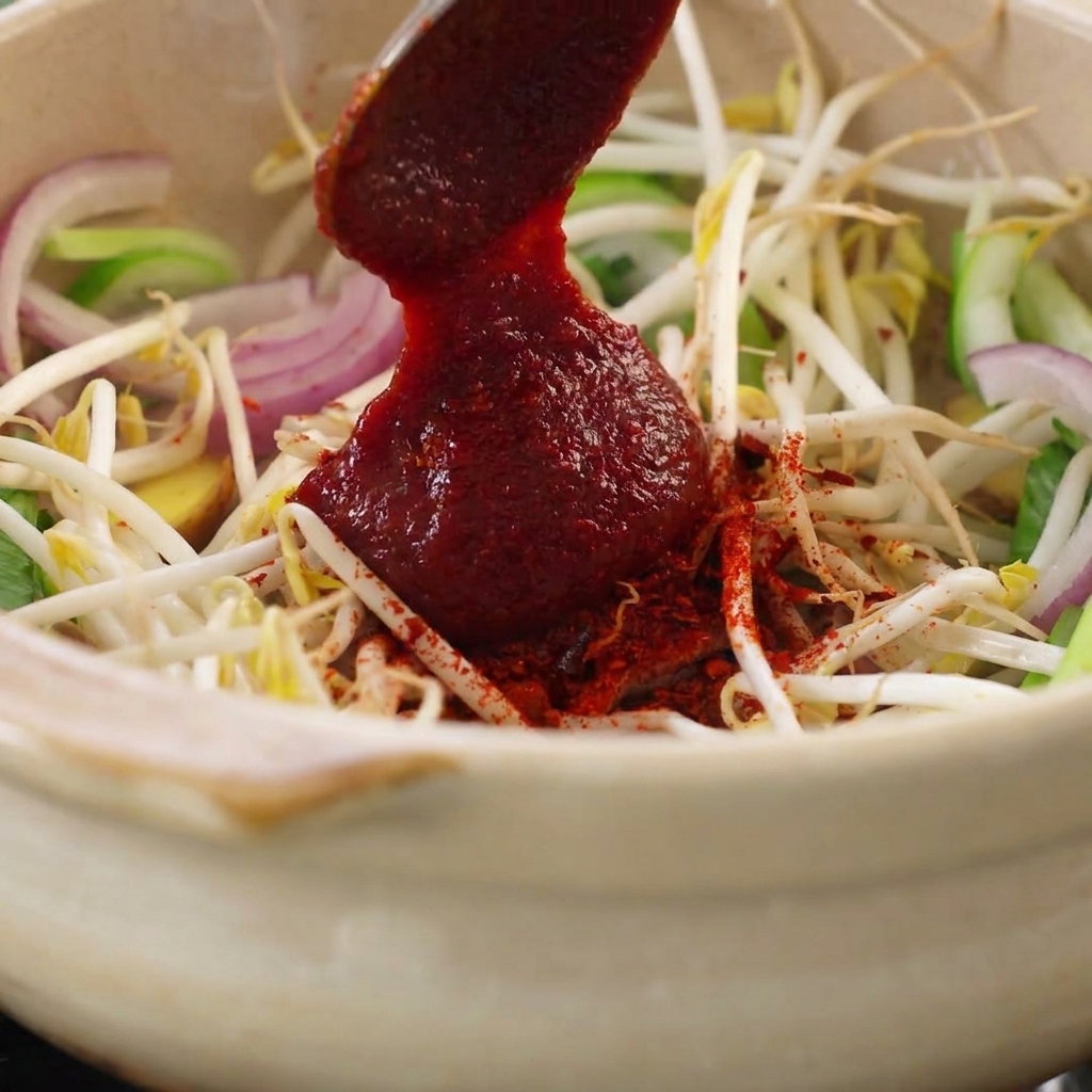 Una cucharada de pasta de chile coreana roja brillante siendo añadida a la mezcla de verduras.