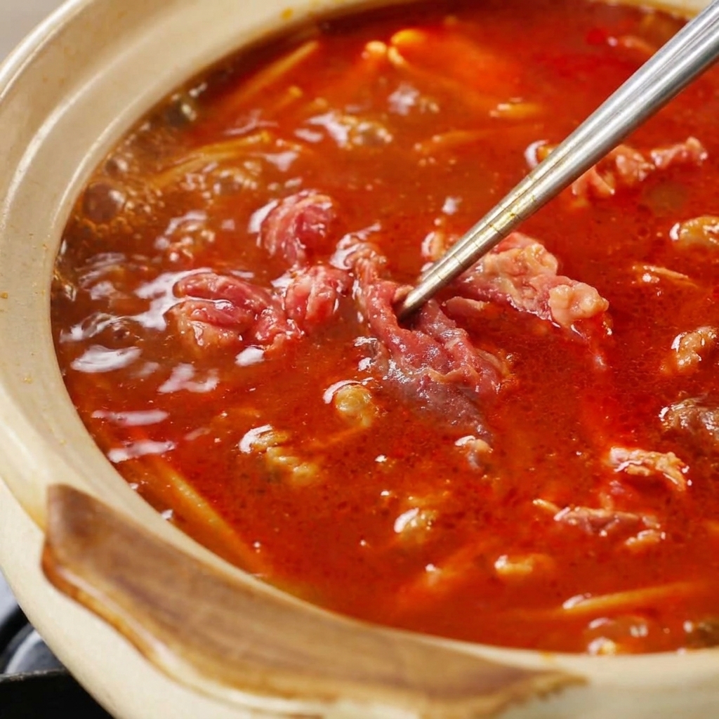 Pinzas metálicas sumergiendo los filetes de ternera marinados en el caldo rojo burbujeante.