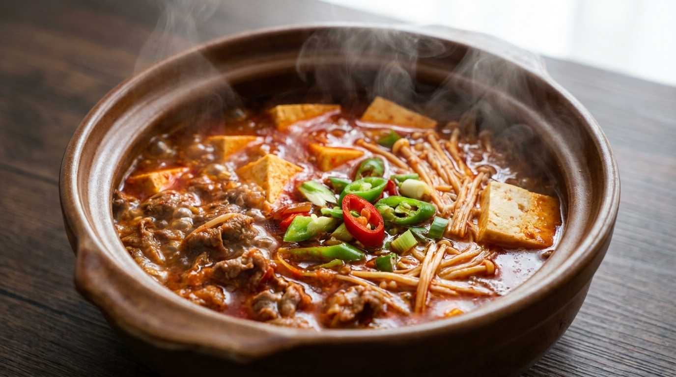 Una cazuela burbujeante de estofado de ternera y tofu decorada con chiles frescos.
