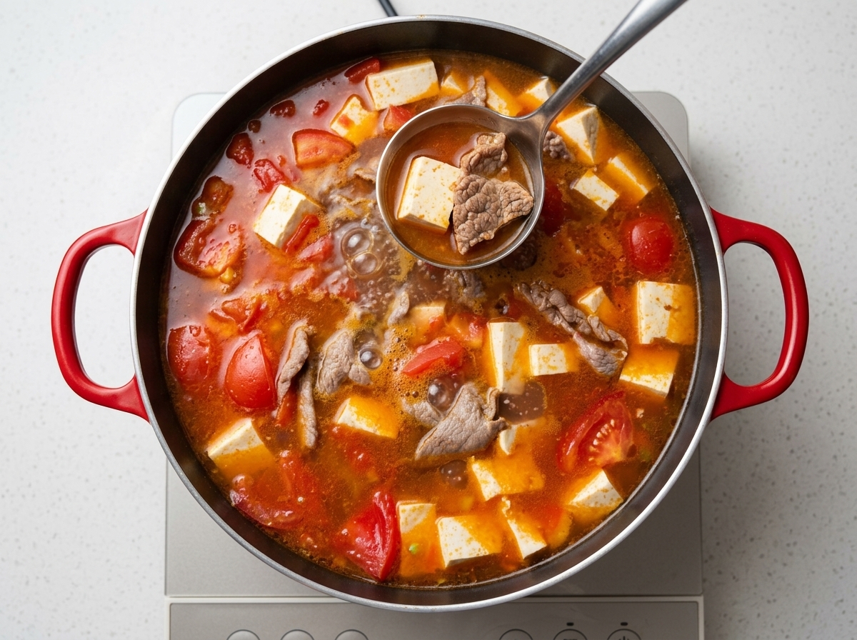 Una olla humeante de sopa de tomate, ternera y tofu terminándose con el sazón.