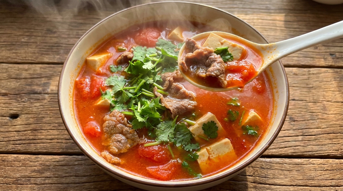 Sopa de Ternera y Tofu Sedoso con Tomate