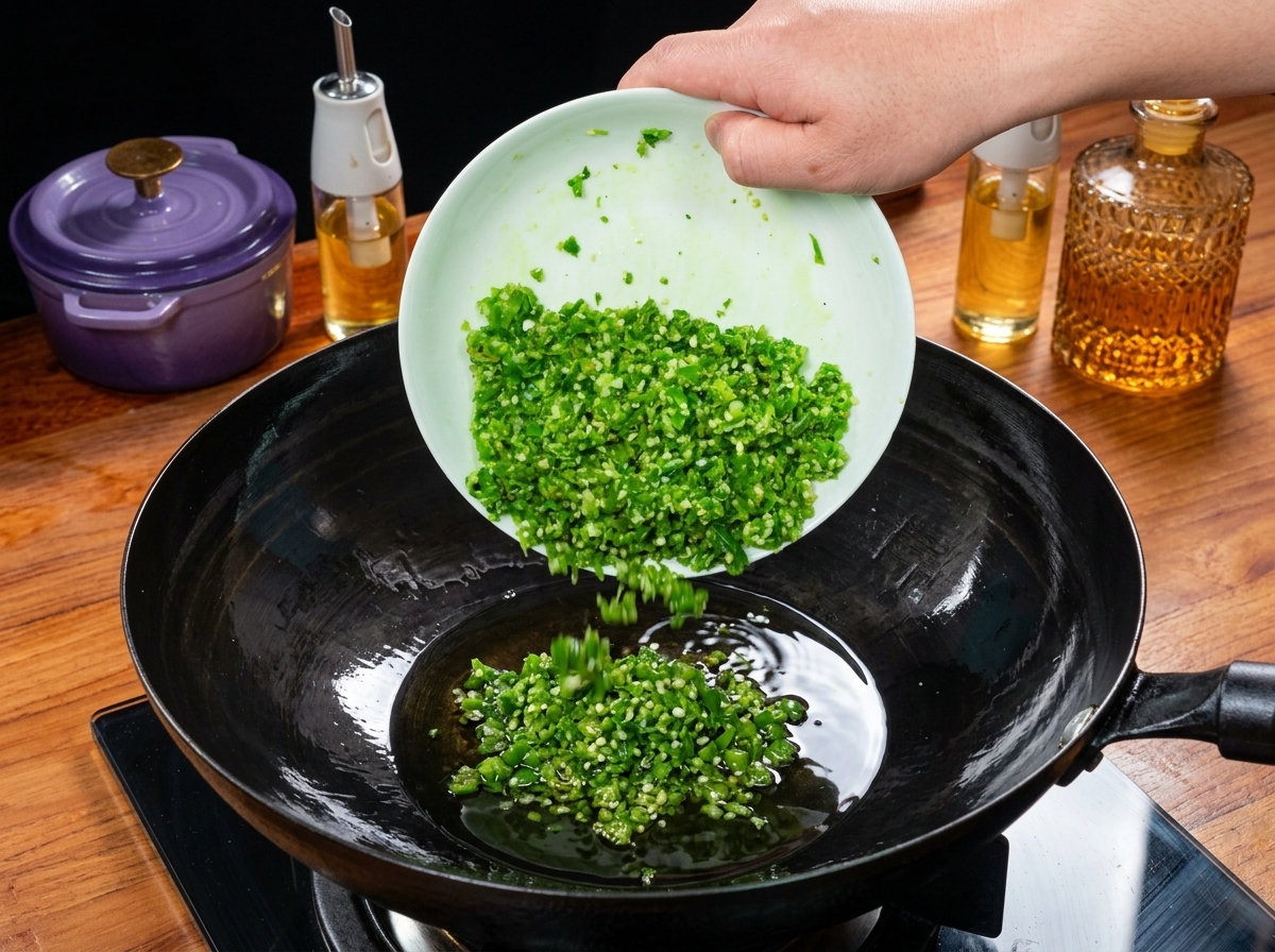 La mezcla de chile verde y pimienta de Sichuan sofriéndose en aceite caliente en un wok negro.
