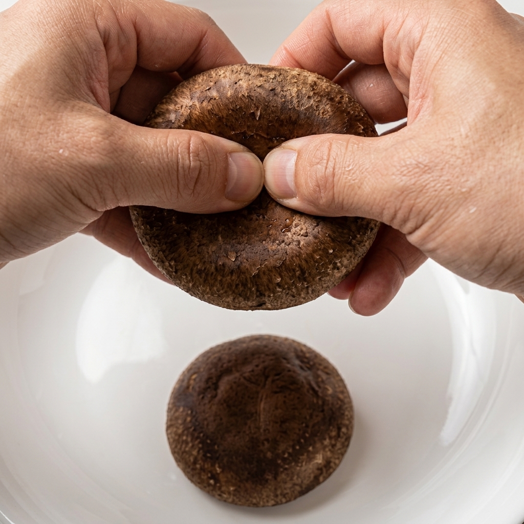 Primer plano de unas manos desgarrando una seta shiitake fresca en mitades sobre un cuenco blanco.