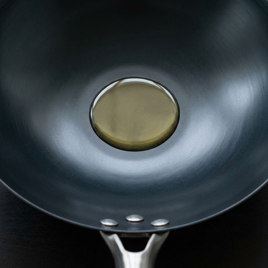 Setas shiitake frescas siendo salteadas en un wok de hierro caliente con aceite.