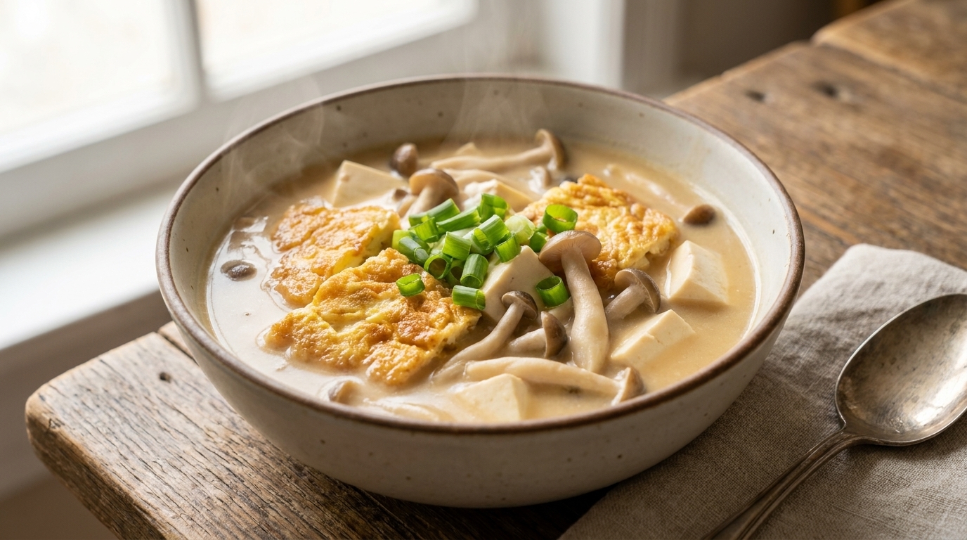 Sopa reconfortante de huevo, setas y tofu
