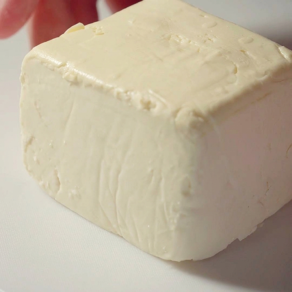 Un bloque de tofu blanco siendo cortado en triángulos sobre una tabla de cortar.