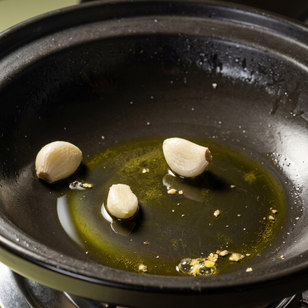 Dientes de ajo chisporroteando en aceite caliente dentro de una cazuela de barro.