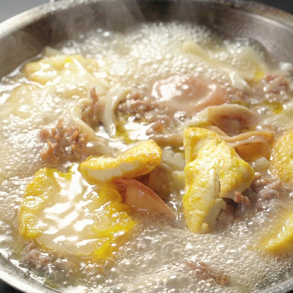 Triángulos de tofu frito siendo añadidos a una olla de sopa de setas burbujeante.