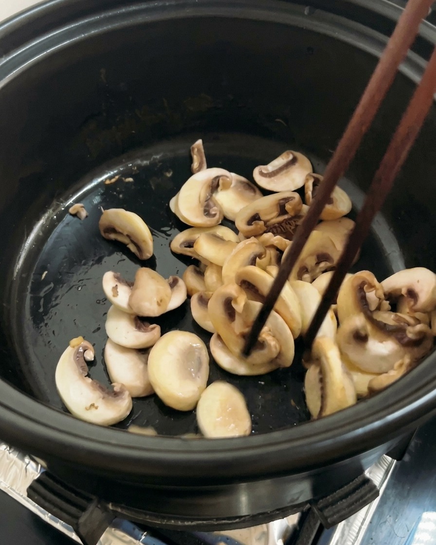 Champiñones en rodajas siendo removidos con palillos de madera en una olla hasta que logran un dorado uniforme.
