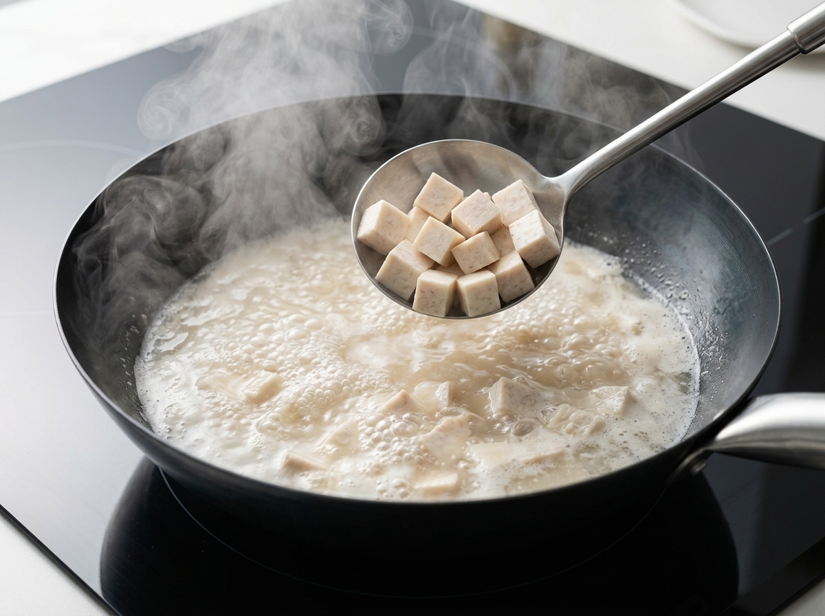 Cubos de tofu cocinándose a fuego lento en un caldo a base de champiñones dentro de un wok caliente.