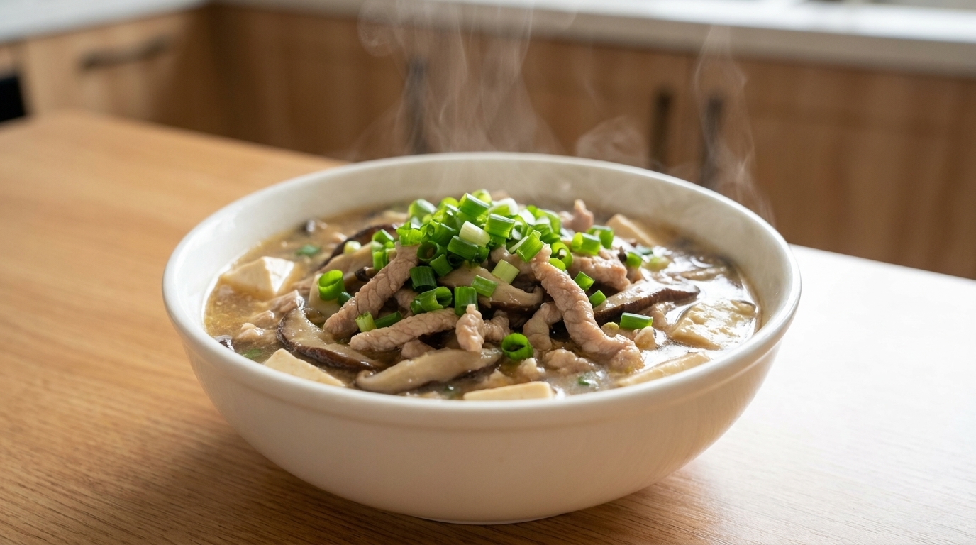 Sopa reconfortante de cerdo, tofu y champiñones