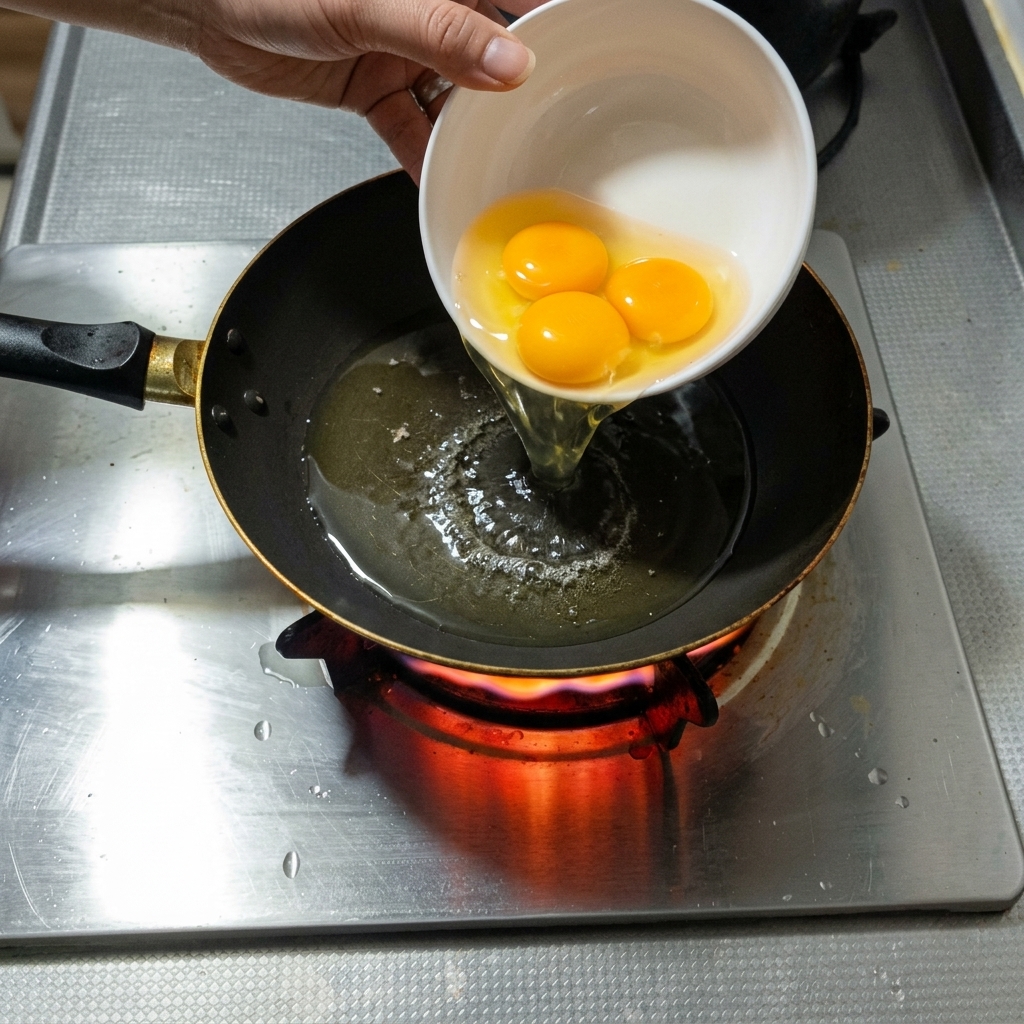 Tres huevos friéndose en una sartén caliente con aceite.