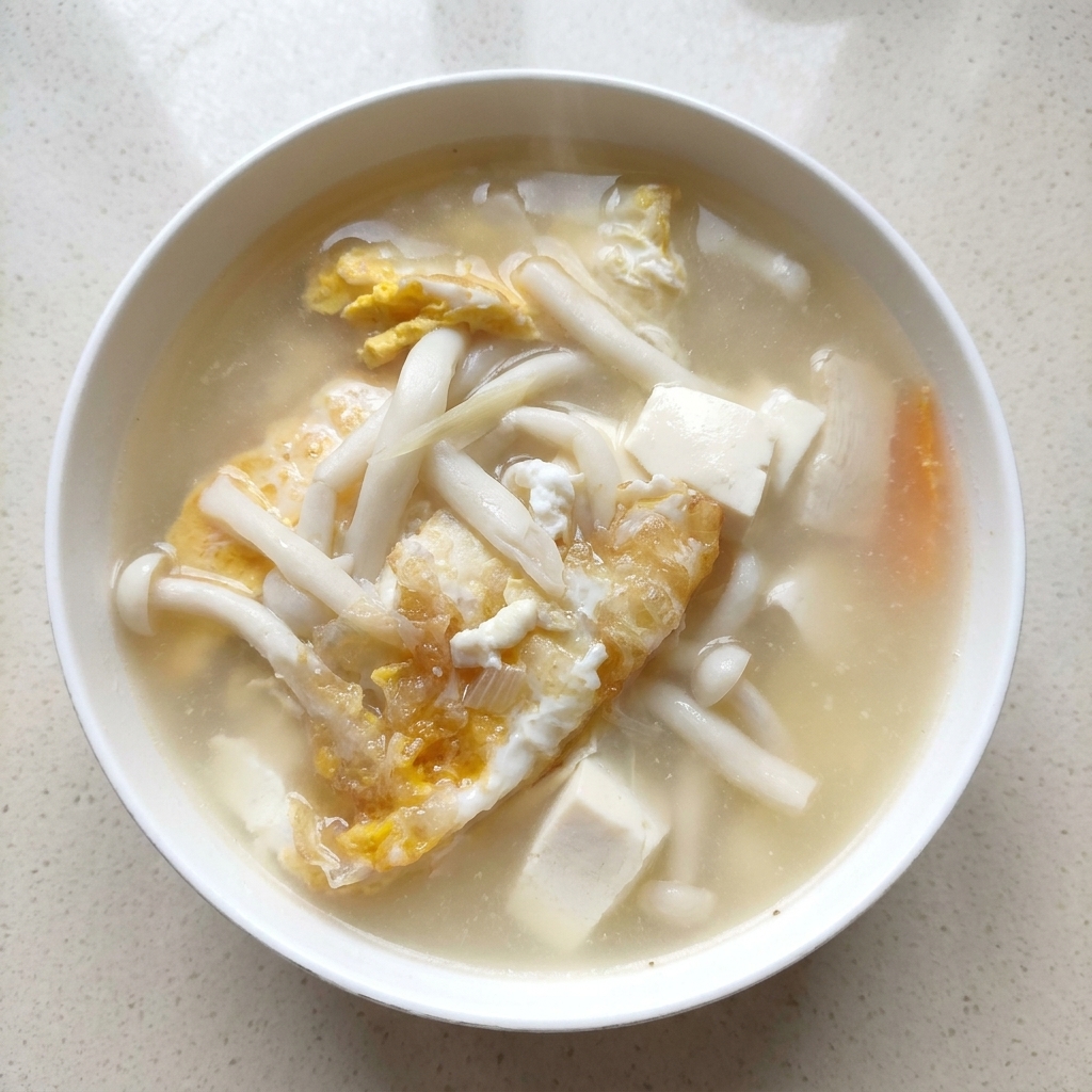 Una sopa sustanciosa hirviendo en una olla, con setas jade, zanahorias, tofu y trozos de huevo frito.