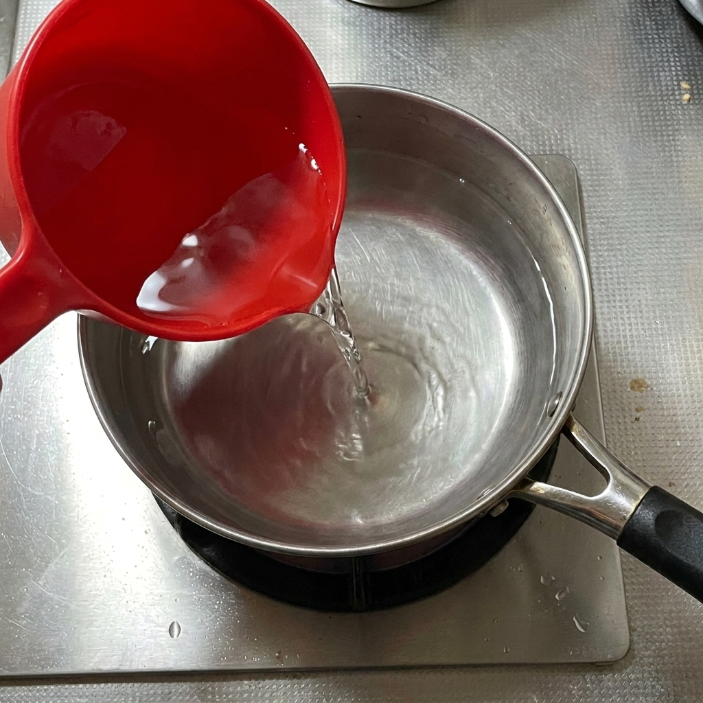 Agua hirviendo siendo vertida en una olla de barro con huevos fritos y aromáticos.