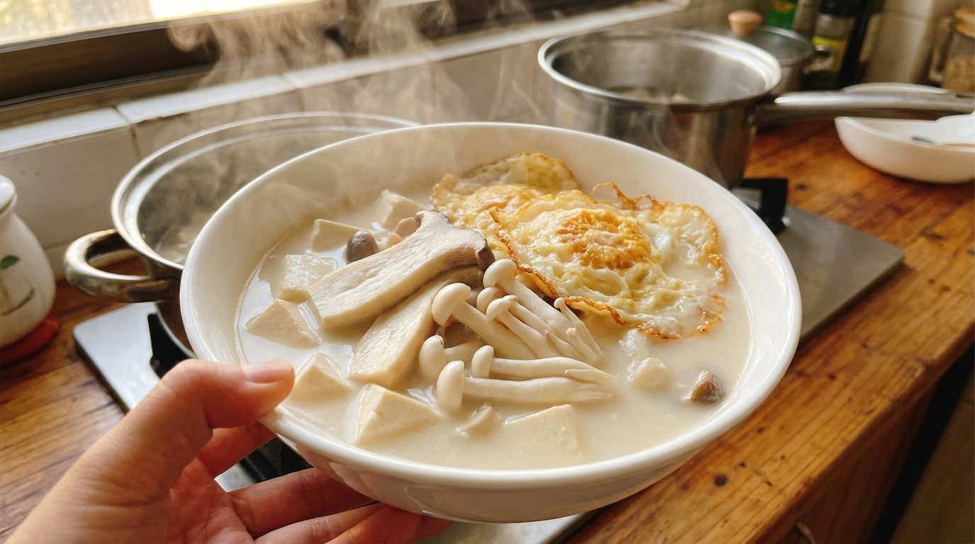 Un tazón de sopa cremosa de tofu y champiñones servido con tofu suave y huevo frito dorado.