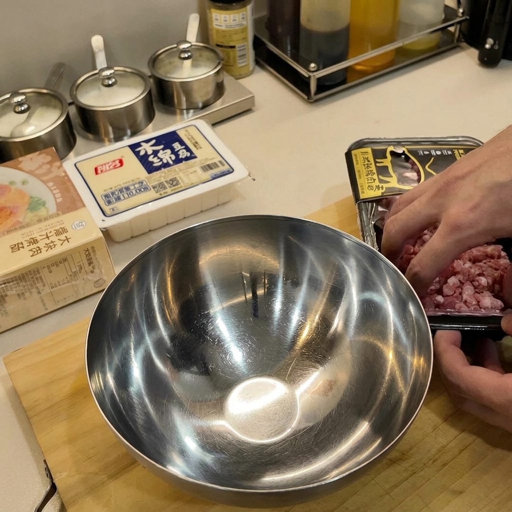 Carne picada sazonada en un bol de acero con aromáticos y especias lista para mezclar.