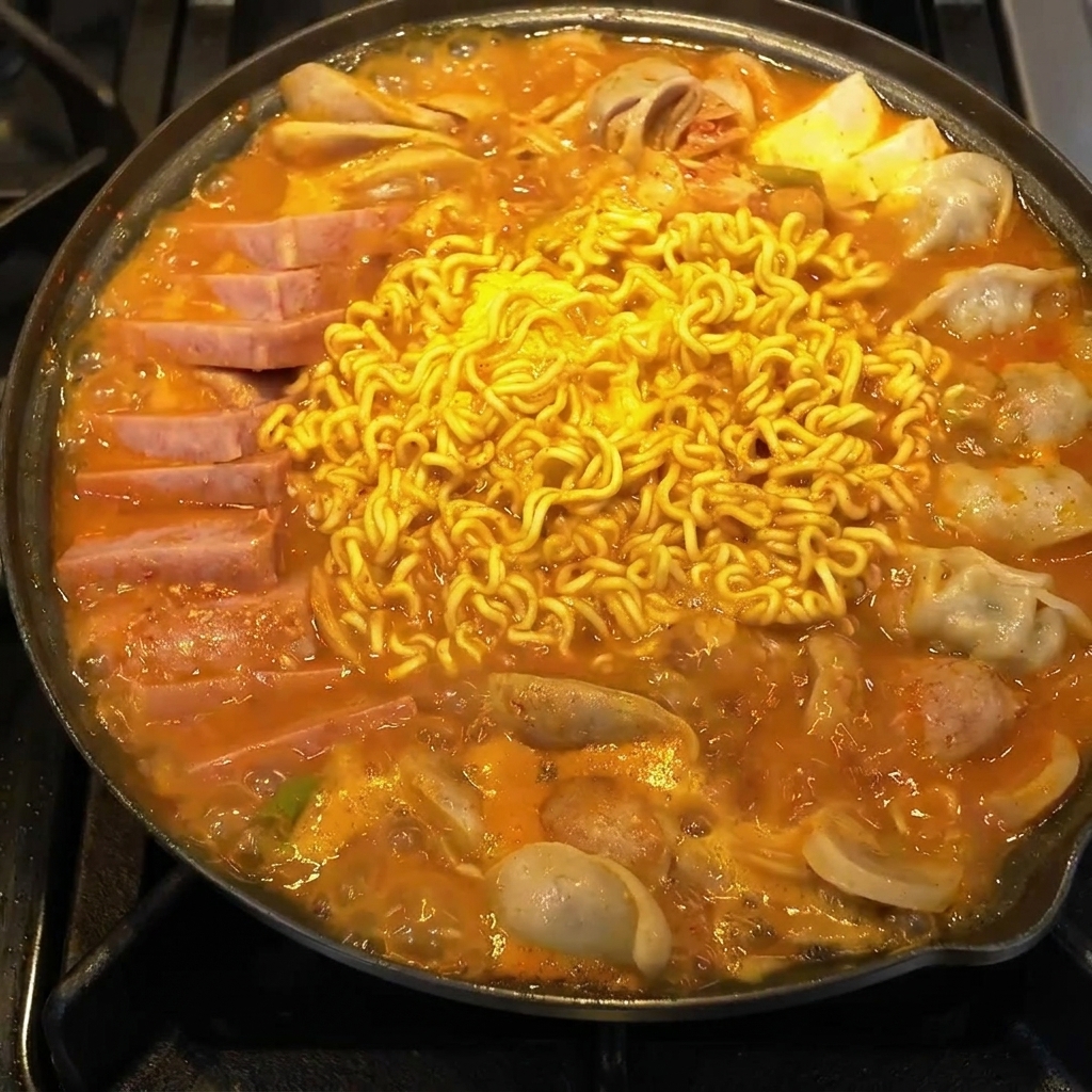 Una sartén amplia dispuesta con rodajas ordenadas de jamón, salchichas y tofu sobre una cama de aromáticos.