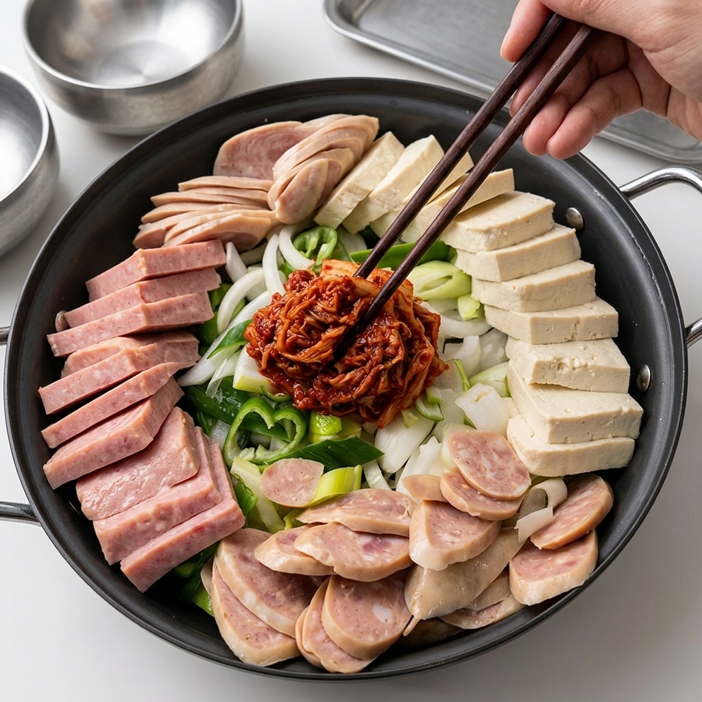 Ingredientes dispuestos en una sartén con kimchi, carne picada y salsa añadidos al centro.