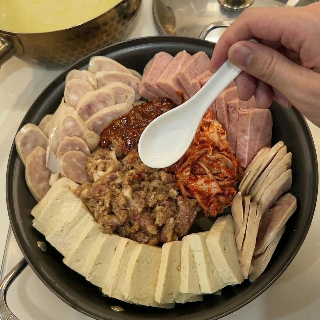 Caldo siendo vertido sobre los ingredientes dispuestos en la sartén del estofado.