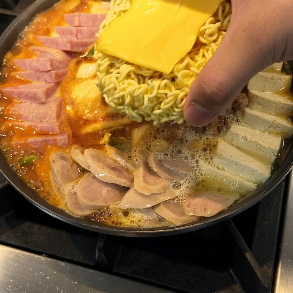 Un bloque de fideos instantáneos cubierto con una loncha de queso cheddar, colocado en el centro de la olla hirviendo.