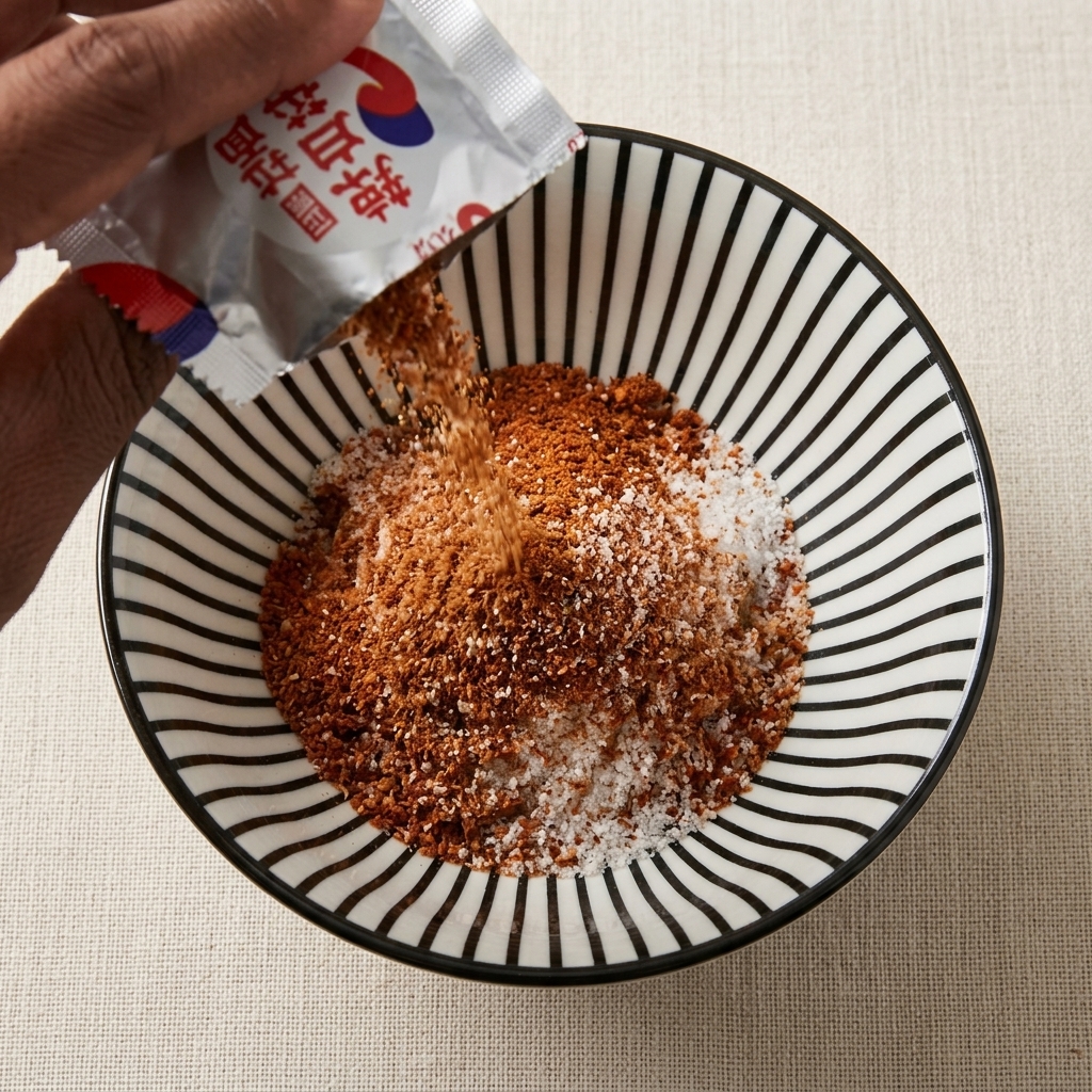 Polvo de sazonador Shin Ramyun siendo vertido desde un paquete plateado en el tazón.