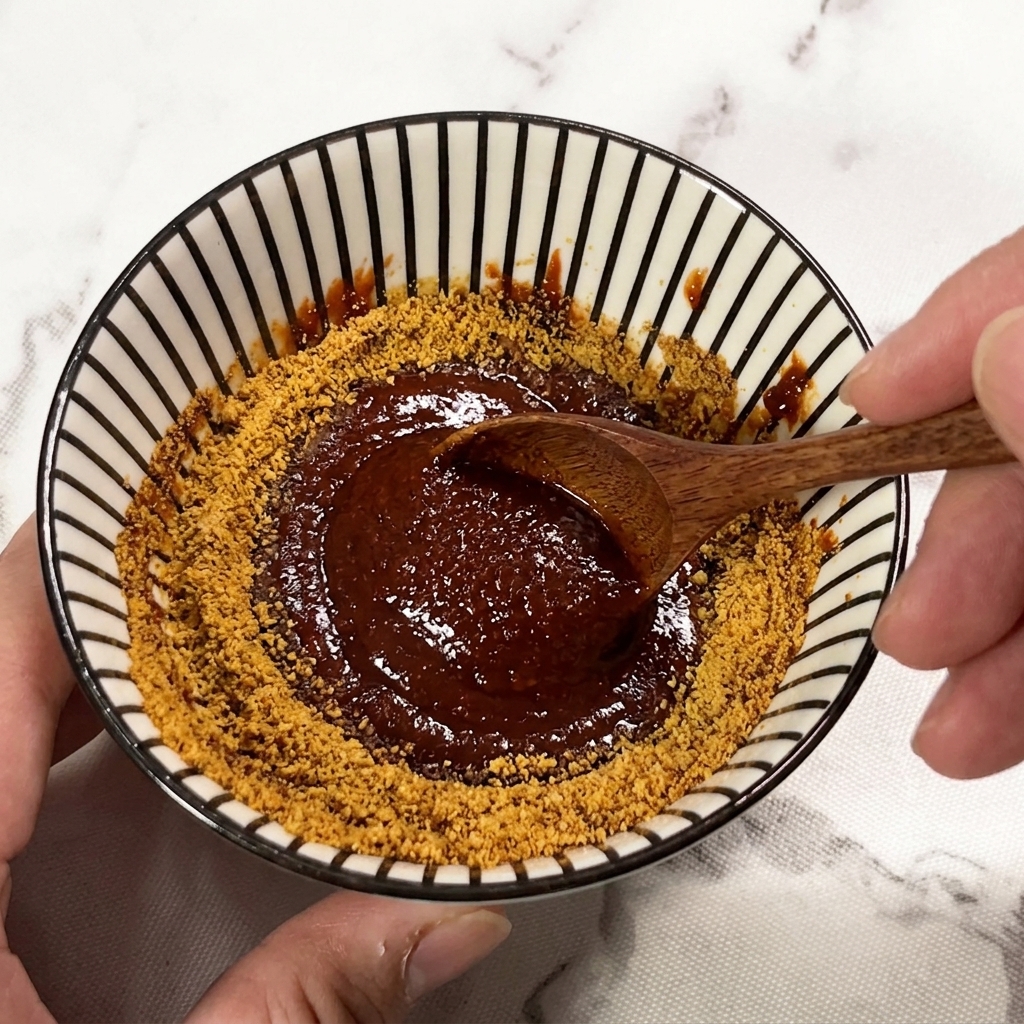 Una cuchara de madera mezclando los diversos ingredientes de la salsa en el tazón a rayas hasta que sea uniforme.
