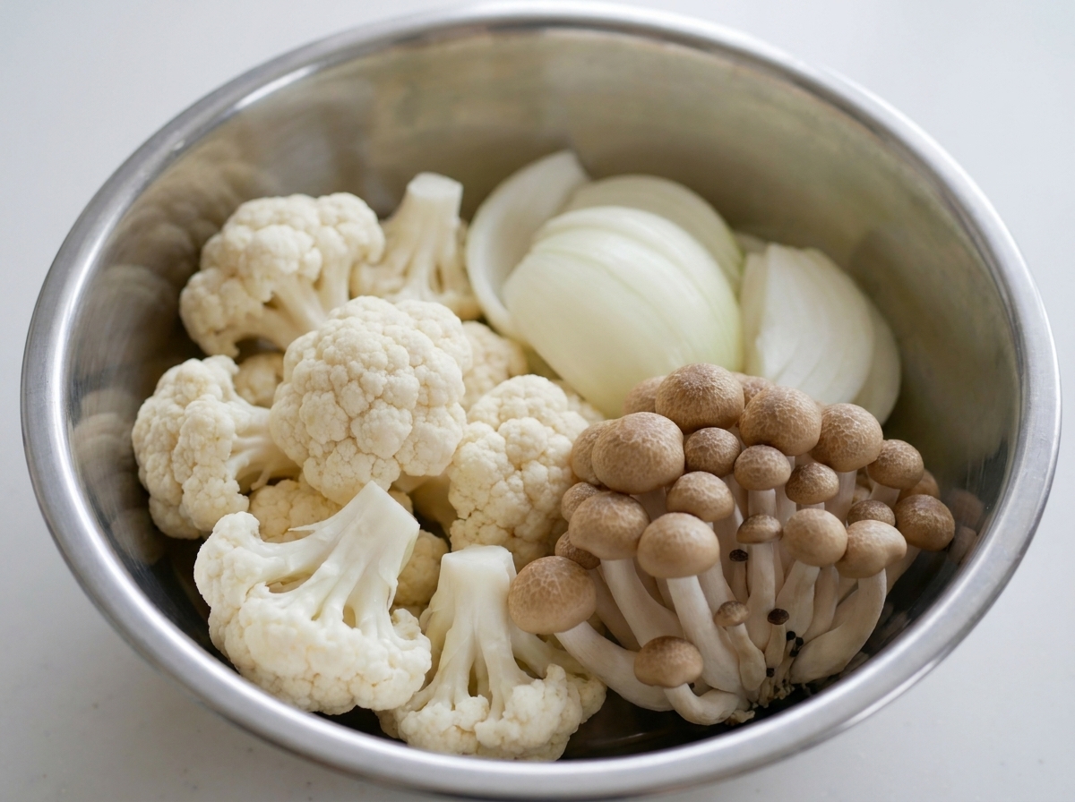 Florecillas de coliflor y champiñones shimeji siendo añadidos a la olla del estofado.