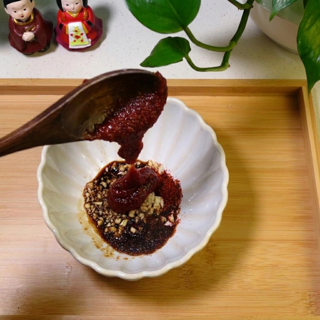 Primer plano de una mano mezclando los ingredientes de la salsa en un tazón con una cuchara de madera pequeña.