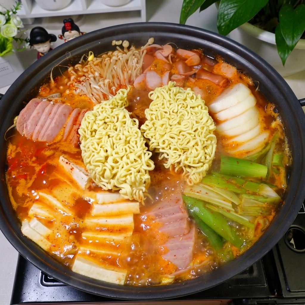 Una sola rebanada de queso amarillo derritiéndose sobre los fideos ramen en el guiso humeante.