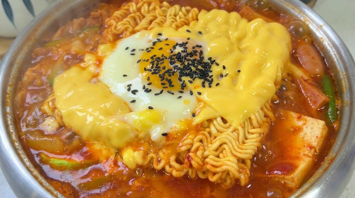 Una olla burbujeante y abundante de estofado coreano, coronada con queso derretido, un huevo perfectamente cocido y semillas de sésamo negro tostadas.