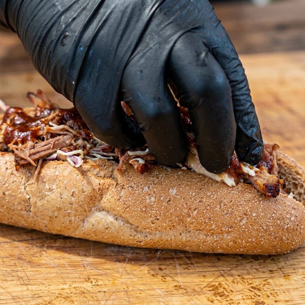 Una mano con guante presionando el relleno de pulled pork y coleslaw dentro de una baguette integral tostada.