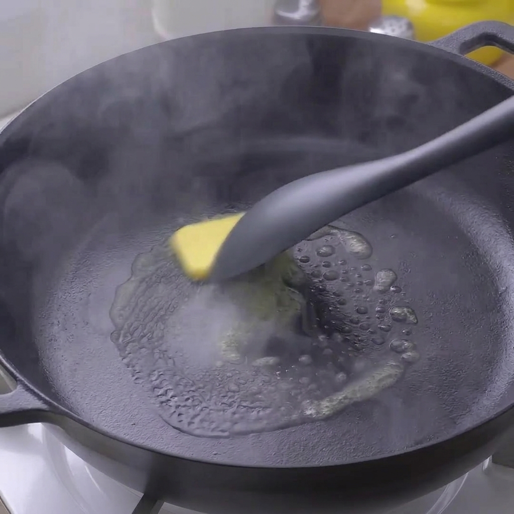 Un trozo de mantequilla amarilla derritiéndose en una sartén negra caliente.